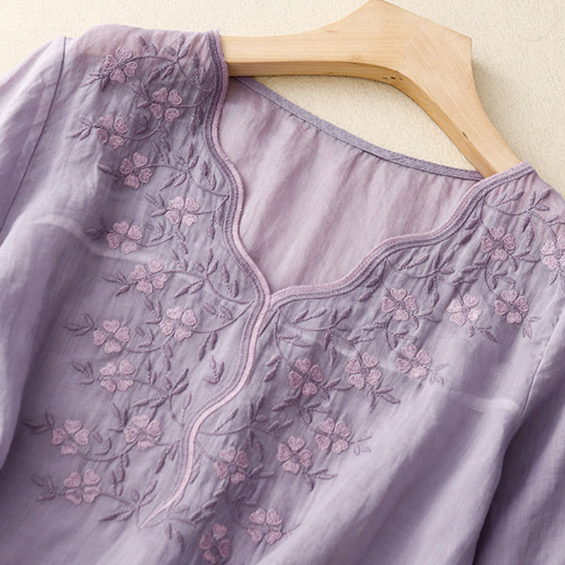 Buddha Stones Summer Casual Embroidered Flowers Women's V-neck Design Half Sleeve Acrylic T-shirt - image 1