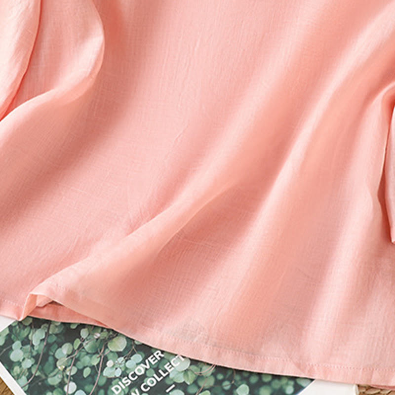 Buddha Stones Casual Women's Flowers Leaves Embroidery Pattern Frog-Button Crew Neck Design Half Sleeve Cotton Linen Shirt - image 12