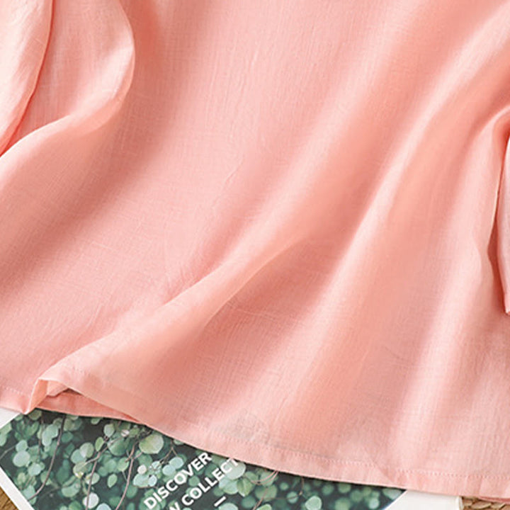 Buddha Stones Casual Women's Flowers Leaves Embroidery Pattern Frog-Button Crew Neck Design Half Sleeve Cotton Linen Shirt - image 12