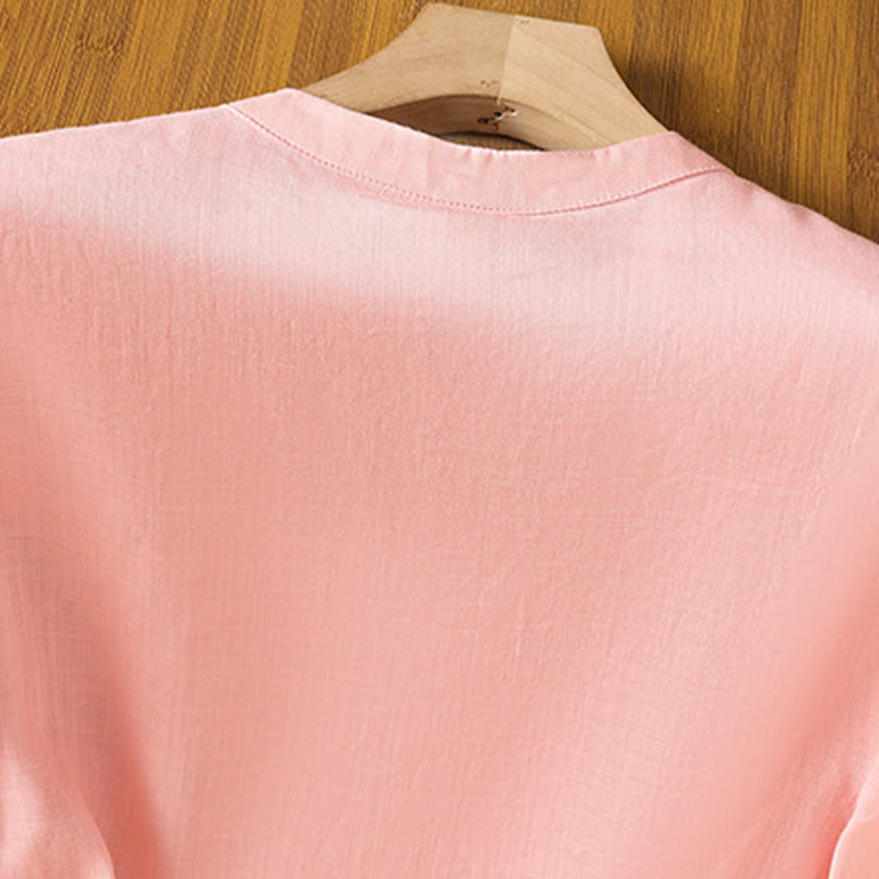 Buddha Stones Casual Women's Flowers Leaves Embroidery Pattern Frog-Button Crew Neck Design Half Sleeve Cotton Linen Shirt - image 10