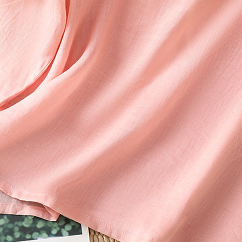 Buddha Stones Casual Women's Flowers Leaves Embroidery Pattern Frog-Button Crew Neck Design Half Sleeve Cotton Linen Shirt - image 8