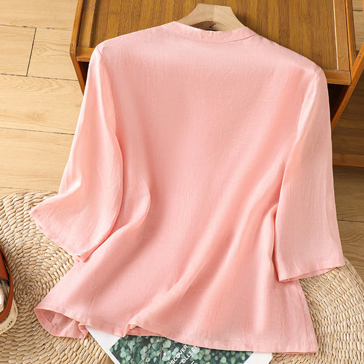 Buddha Stones Casual Women's Flowers Leaves Embroidery Pattern Frog-Button Crew Neck Design Half Sleeve Cotton Linen Shirt - image 7