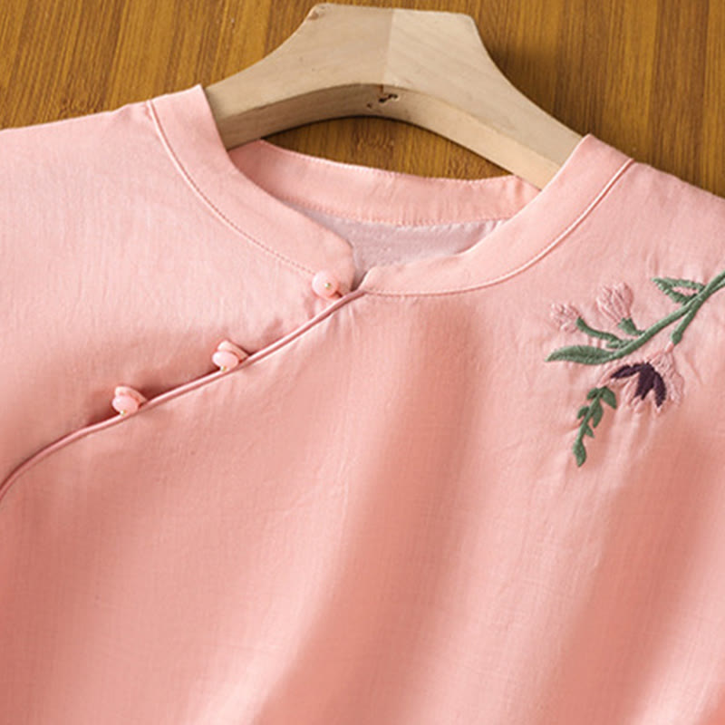 Buddha Stones Casual Women's Flowers Leaves Embroidery Pattern Frog-Button Crew Neck Design Half Sleeve Cotton Linen Shirt - image 9