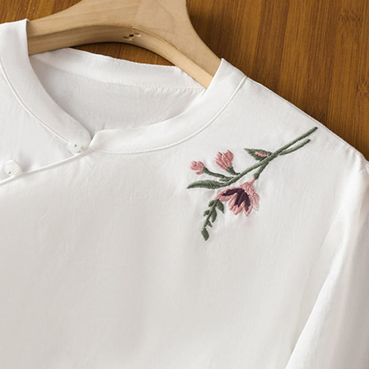 Buddha Stones Casual Women's Flowers Leaves Embroidery Pattern Frog-Button Crew Neck Design Half Sleeve Cotton Linen Shirt - image 17