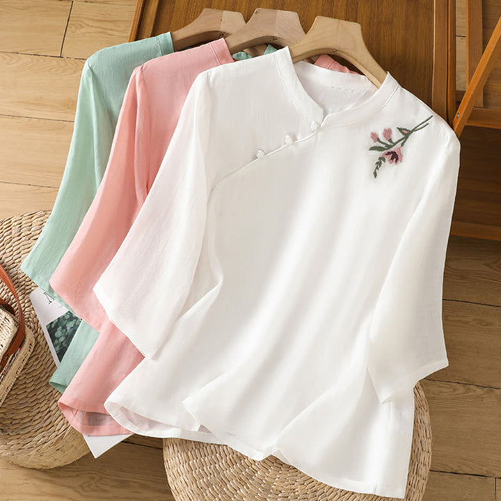 Buddha Stones Casual Women's Flowers Leaves Embroidery Pattern Frog-Button Crew Neck Design Half Sleeve Cotton Linen Shirt - image 19