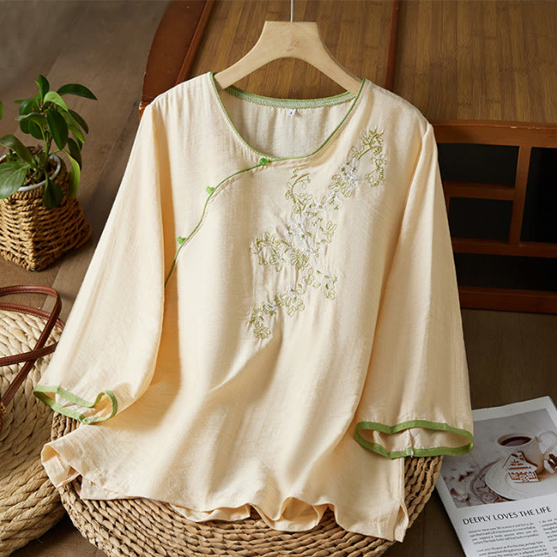 Buddha Stones Casual Women's Flowers Embroidery Pattern Frog-button Slanted Collar Design Three Quarter Sleeve Cotton Linen Shirt - PapayaWhip - US12，UK/AU16，EU44 (3XL) - image 6