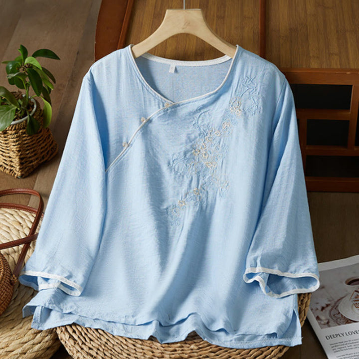 Buddha Stones Casual Women's Flowers Embroidery Pattern Frog-button Slanted Collar Design Three Quarter Sleeve Cotton Linen Shirt - LightSkyBlue - US12，UK/AU16，EU44 (3XL) - image 12