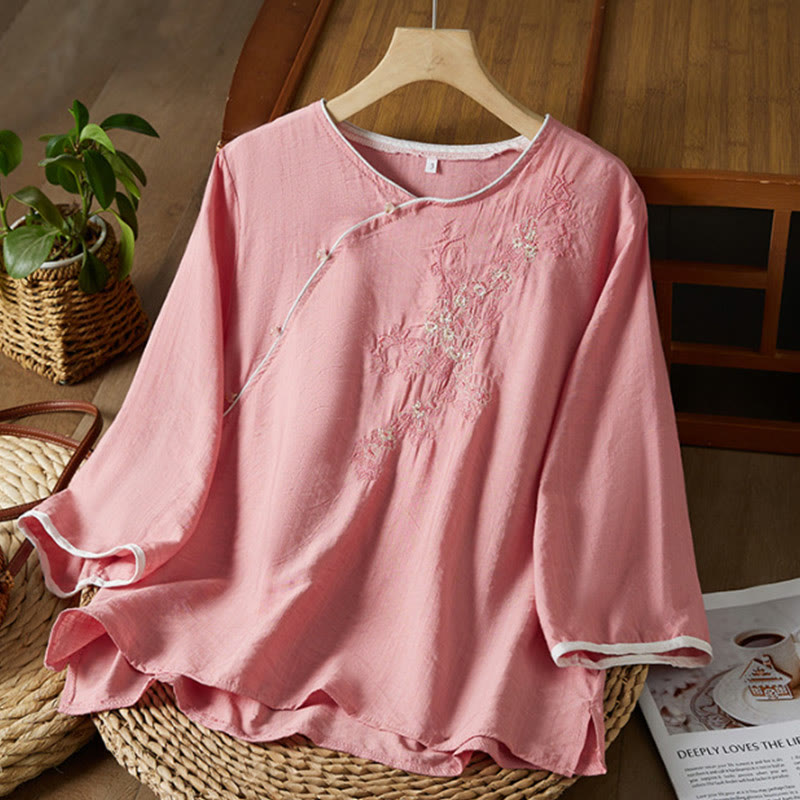 Buddha Stones Casual Women's Flowers Embroidery Pattern Frog-button Slanted Collar Design Three Quarter Sleeve Cotton Linen Shirt - LightPink - US12，UK/AU16，EU44 (3XL) - image 18