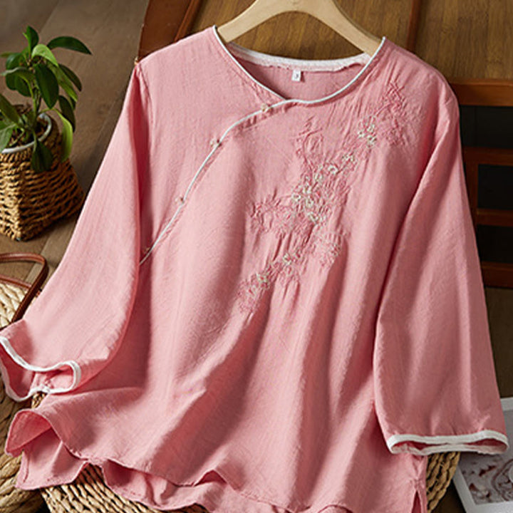 Buddha Stones Casual Women's Flowers Embroidery Pattern Frog-button Slanted Collar Design Three Quarter Sleeve Cotton Linen Shirt - image 20