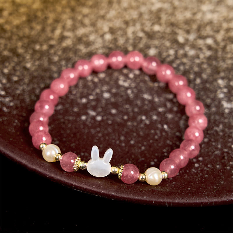 Buddha Stones Strawberry Quartz Pearl Cat Rabbit Healing Bracelet - image 2