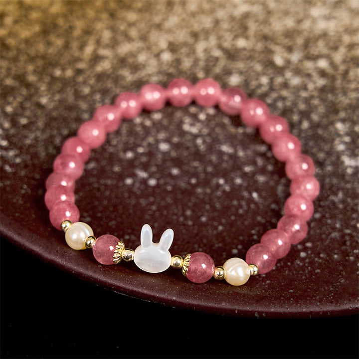 Buddha Stones Strawberry Quartz Pearl Cat Rabbit Healing Bracelet - image 2