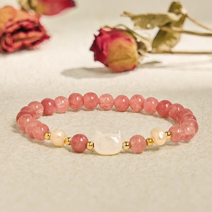 Buddha Stones Strawberry Quartz Pearl Cat Rabbit Healing Bracelet - Strawberry Quartz Cat(Wrist Circumference 14-16cm) - image 6