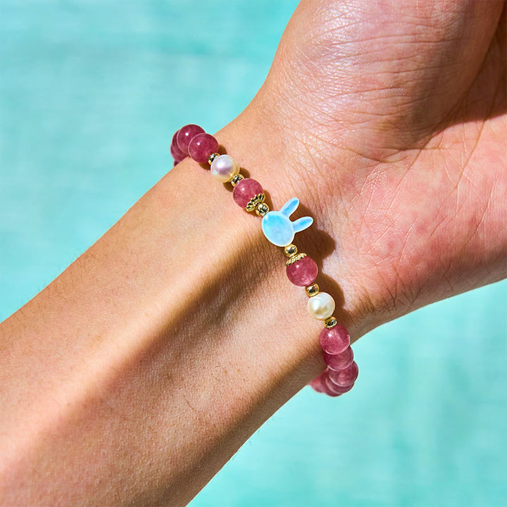 Buddha Stones Strawberry Quartz Pearl Cat Rabbit Healing Bracelet - image 4