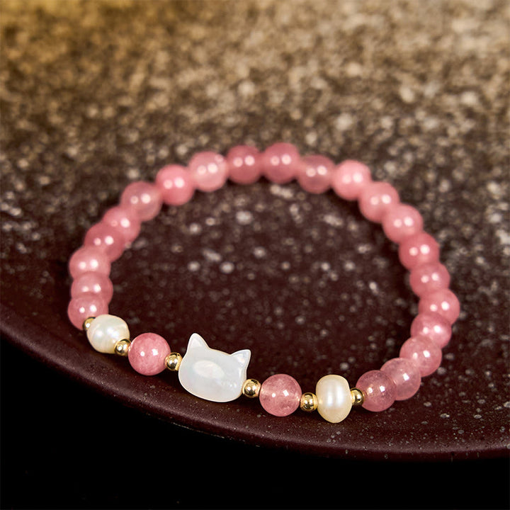 Buddha Stones Strawberry Quartz Pearl Cat Rabbit Healing Bracelet - image 7