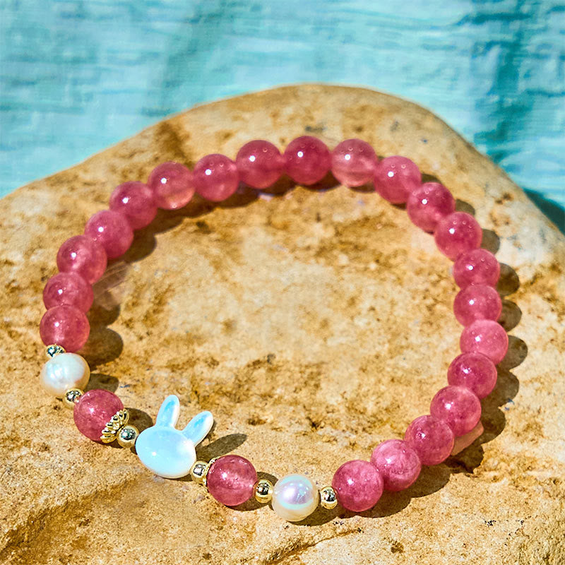 Buddha Stones Strawberry Quartz Pearl Cat Rabbit Healing Bracelet - image 3