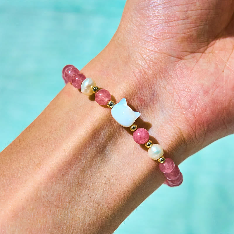 Buddha Stones Strawberry Quartz Pearl Cat Rabbit Healing Bracelet - image 8