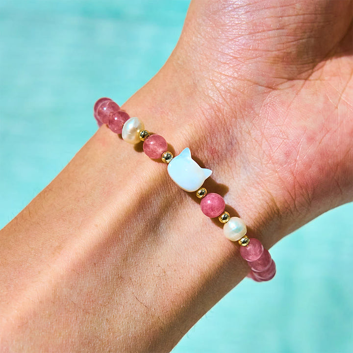 Buddha Stones Strawberry Quartz Pearl Cat Rabbit Healing Bracelet - image 8