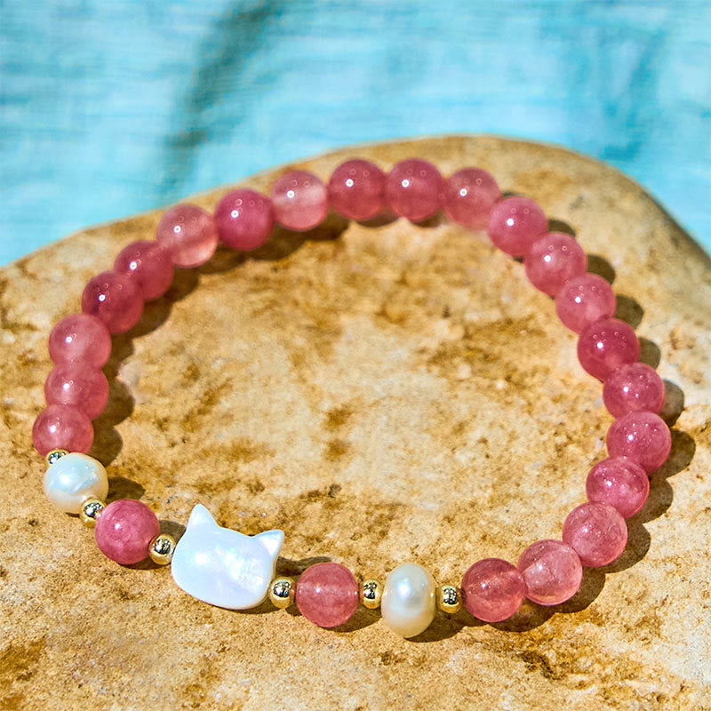 Buddha Stones Strawberry Quartz Pearl Cat Rabbit Healing Bracelet - image 9