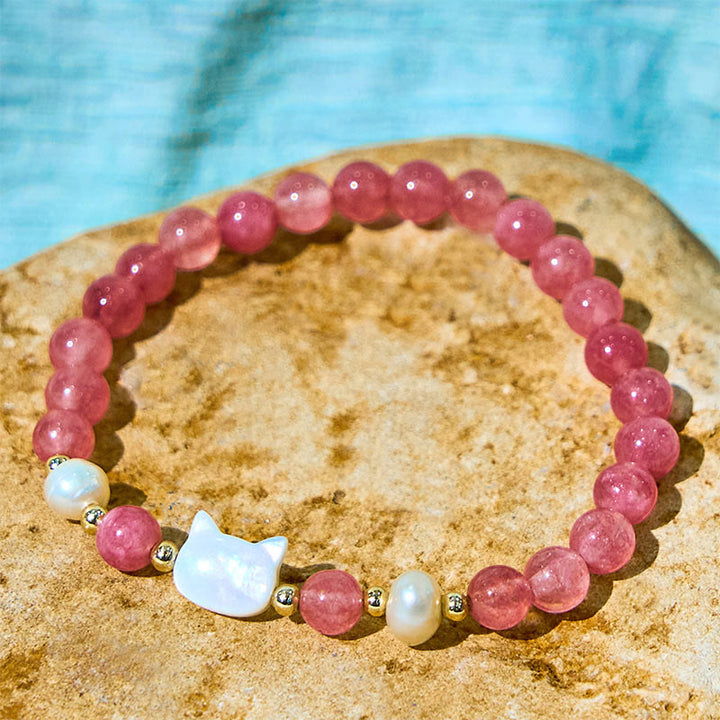 Buddha Stones Strawberry Quartz Pearl Cat Rabbit Healing Bracelet - image 9