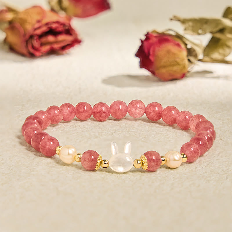 Buddha Stones Strawberry Quartz Pearl Cat Rabbit Healing Bracelet - Strawberry Quartz Rabbit(Wrist Circumference 14-16cm) - image 1