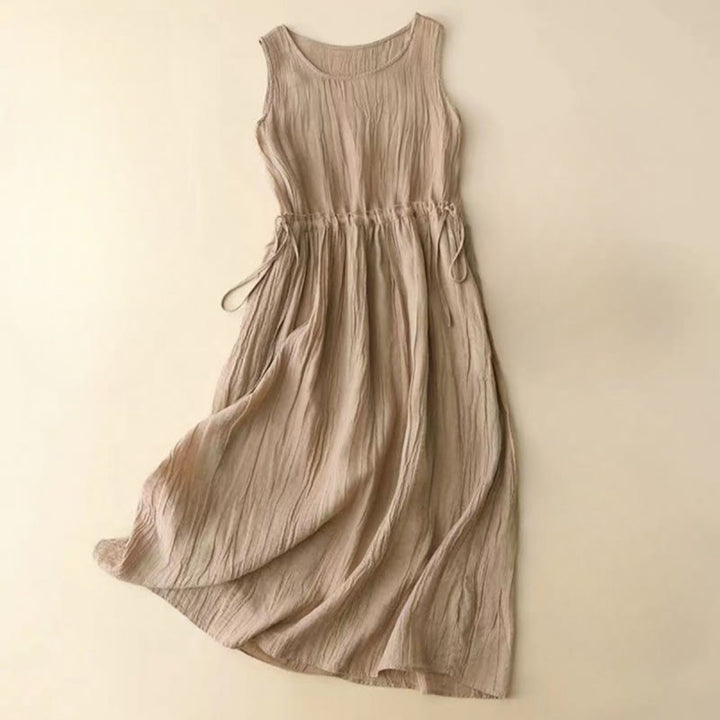 Buddha Stones Casual Plain Handmade Drawstring Waist Midi Dress Sleeveless Dress With Pockets - BurlyWood - US8-10，UK/AU12-14，EU40-42 (2XL) - image 0