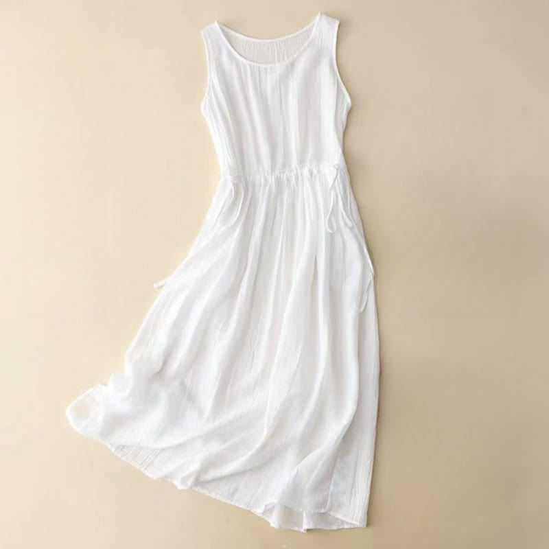 Buddha Stones Casual Plain Handmade Drawstring Waist Midi Dress Acrylic Sleeveless Dress With Pockets - White - US8-10，UK/AU12-14，EU40-42 (2XL) - image 8