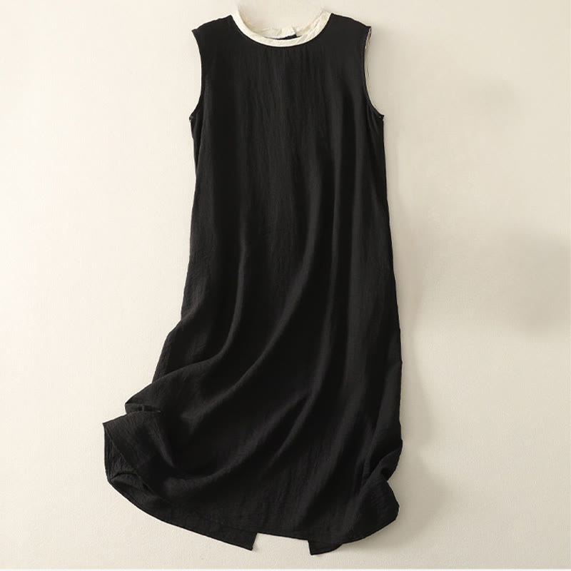 Buddha Stones Casual Stitching Color Handmade Button Design Midi Dress Polyester Sleeveless Dress With Pockets - Black - US8-10，UK/AU12-14，EU40-42 (2XL) - image 0
