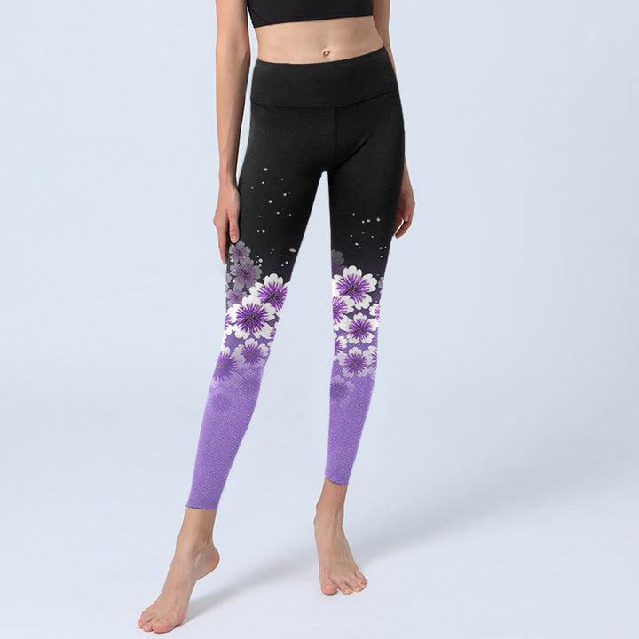 Buddha Stones White Purple Cherry Blossom Pattern Print Gym Leggings Women's Yoga Pants - image 5