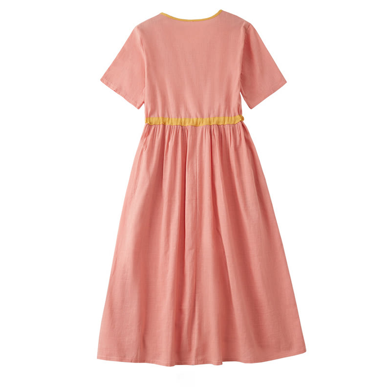 Buddha Stones Summer Casual Stitching Color Lace-up Design V-Neck Short Sleeve Midi Dress - image 1