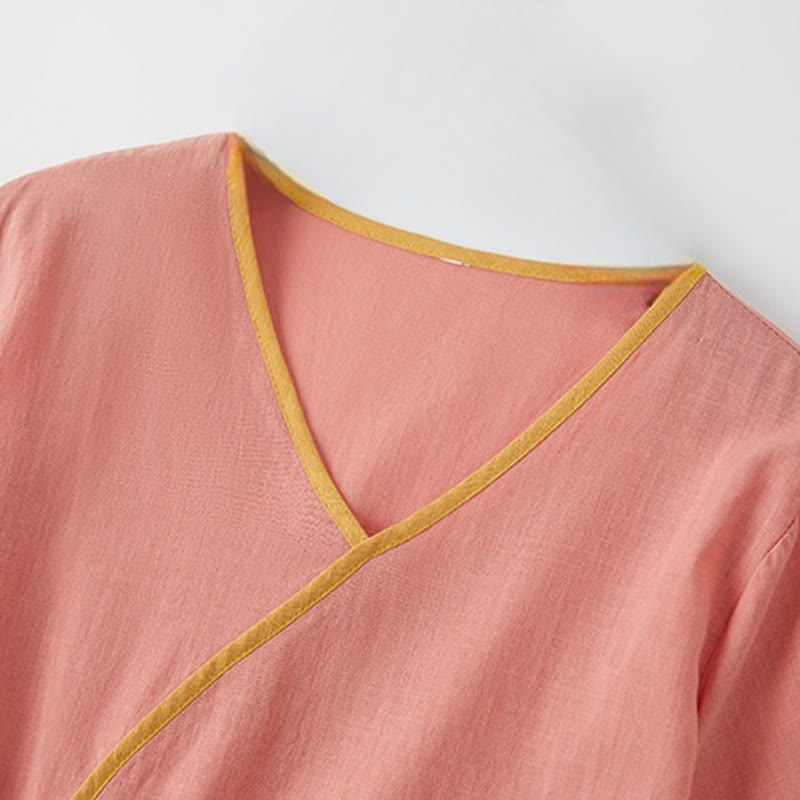 Buddha Stones Summer Casual Stitching Color Lace-up Design V-Neck Short Sleeve Midi Dress - image 2