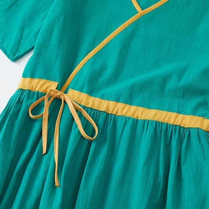 Buddha Stones Summer Casual Stitching Color Lace-up Design V-Neck Short Sleeve Midi Dress - image 11