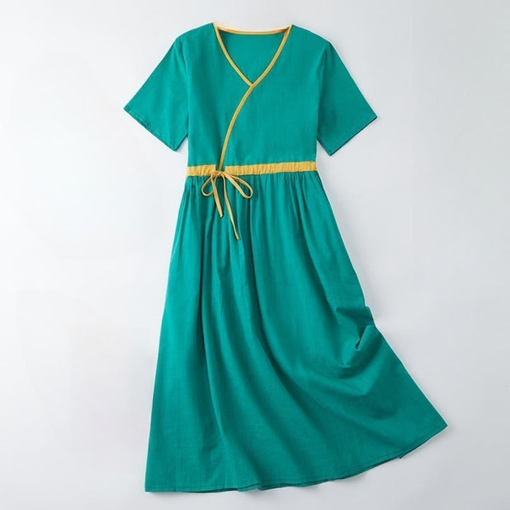 Buddha Stones Summer Casual Stitching Color Lace-up Design V-Neck Short Sleeve Midi Dress - LightSeaGreen - US8-10，UK/AU12-14，EU40-42 (2XL) - image 9