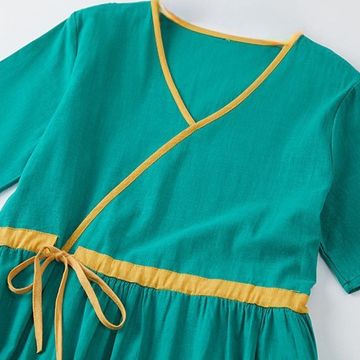 Buddha Stones Summer Casual Stitching Color Lace-up Design V-Neck Short Sleeve Midi Dress - image 10