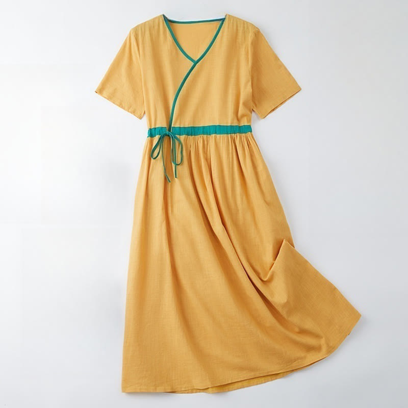 Buddha Stones Summer Casual Stitching Color Lace-up Design V-Neck Short Sleeve Midi Dress - Goldenrod - US8-10，UK/AU12-14，EU40-42 (2XL) - image 12