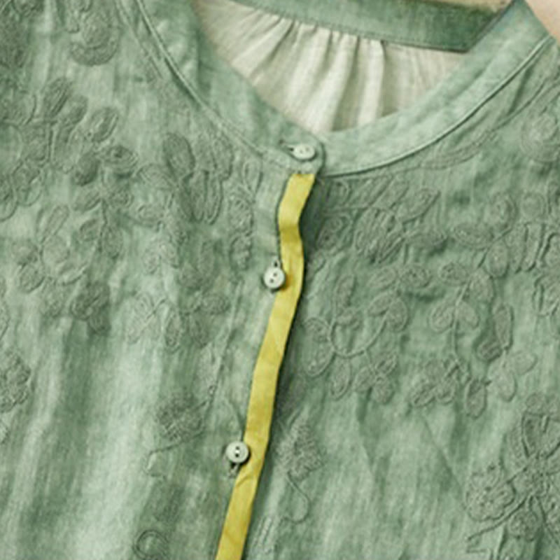 Buddha Stones Summer Casual Embroidered Stand Collar Design Three Quarter Sleeve Midi Dress - image 1
