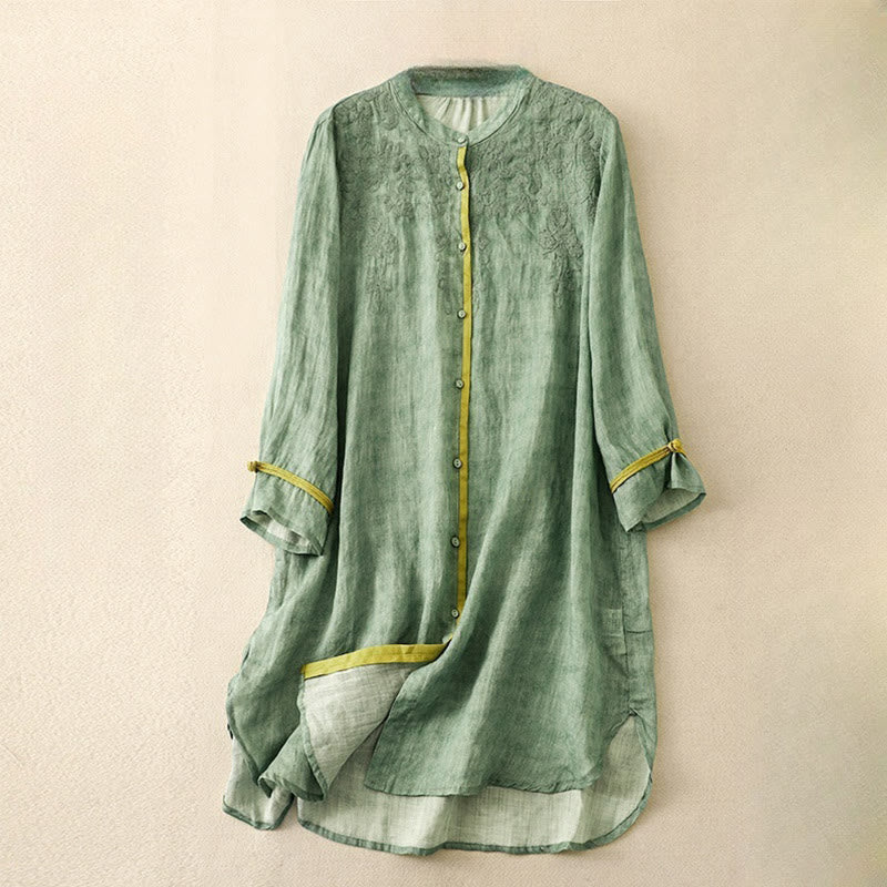 Buddha Stones Summer Casual Embroidered Stand Collar Design Three Quarter Sleeve Midi Dress - MediumSeaGreen - US8-10，UK/AU12-14，EU40-42 (2XL) - image 0