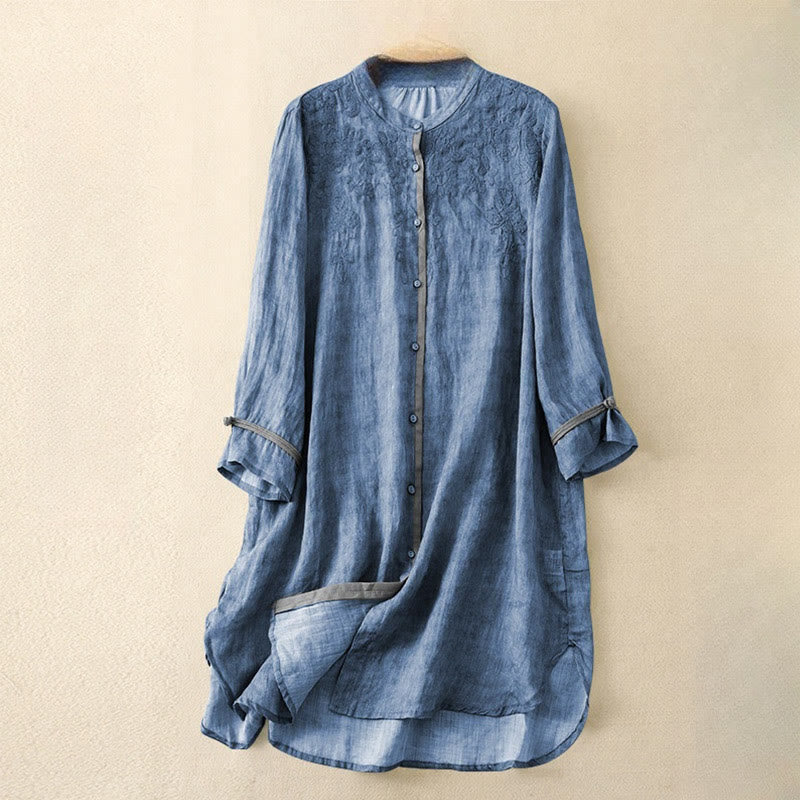 Buddha Stones Summer Casual Embroidered Stand Collar Design Three Quarter Sleeve Acrylic Midi Dress - RoyalBlue - US8-10，UK/AU12-14，EU40-42 (2XL) - image 5