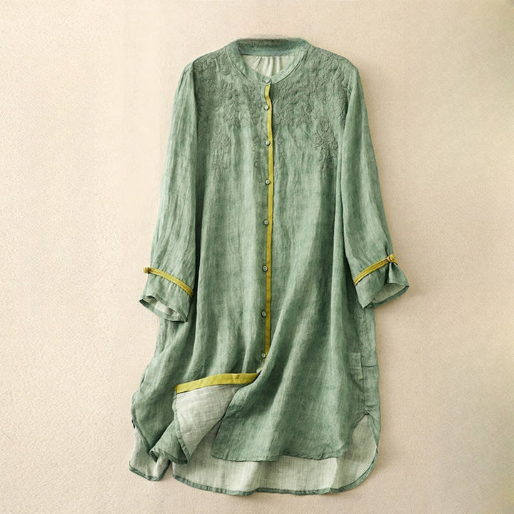 Buddha Stones Summer Casual Embroidered Stand Collar Design Three Quarter Sleeve Acrylic Midi Dress - MediumSeaGreen - US8-10，UK/AU12-14，EU40-42 (2XL) - image 0