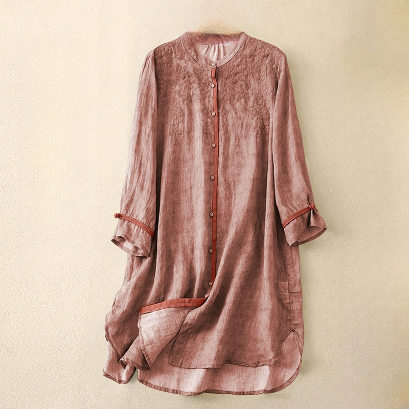 Buddha Stones Summer Casual Embroidered Stand Collar Design Three Quarter Sleeve Midi Dress - LightCoral - US8-10，UK/AU12-14，EU40-42 (2XL) - image 6