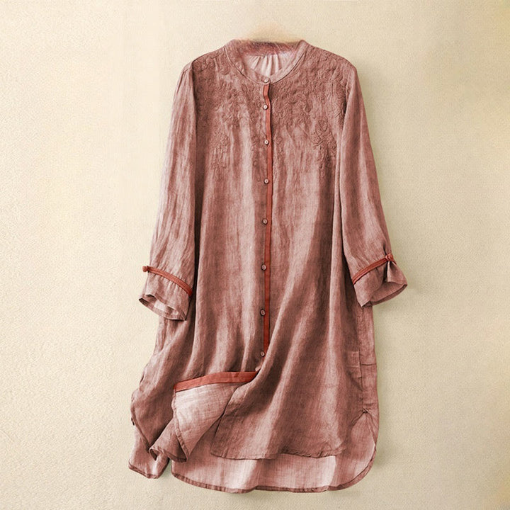 Buddha Stones Summer Casual Embroidered Stand Collar Design Three Quarter Sleeve Midi Dress - LightCoral - US8-10，UK/AU12-14，EU40-42 (2XL) - image 6