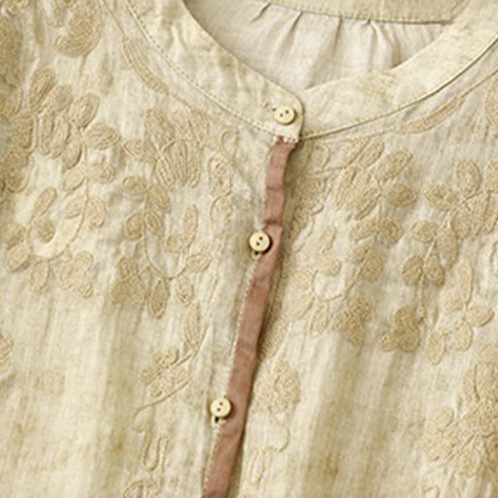 Buddha Stones Summer Casual Embroidered Stand Collar Design Three Quarter Sleeve Acrylic Midi Dress - image 10