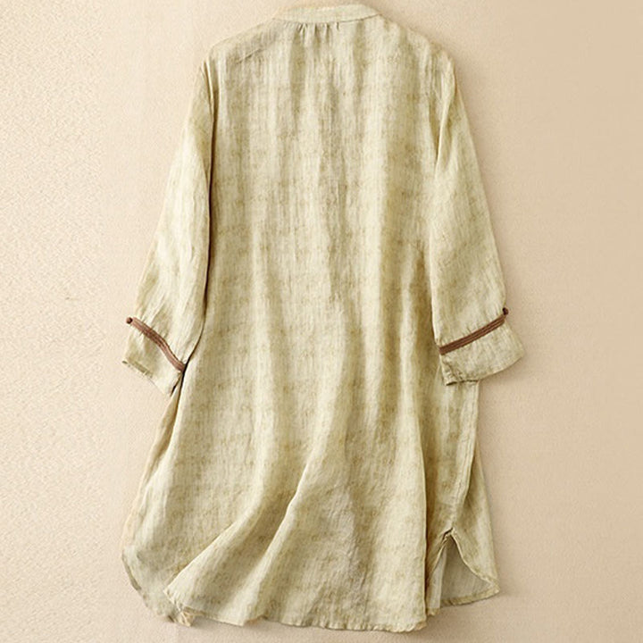 Buddha Stones Summer Casual Embroidered Stand Collar Design Three Quarter Sleeve Acrylic Midi Dress - image 8