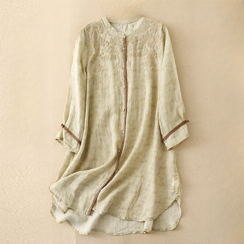 Buddha Stones Summer Casual Embroidered Stand Collar Design Three Quarter Sleeve Midi Dress - LemonChiffon - US8-10，UK/AU12-14，EU40-42 (2XL) - image 7