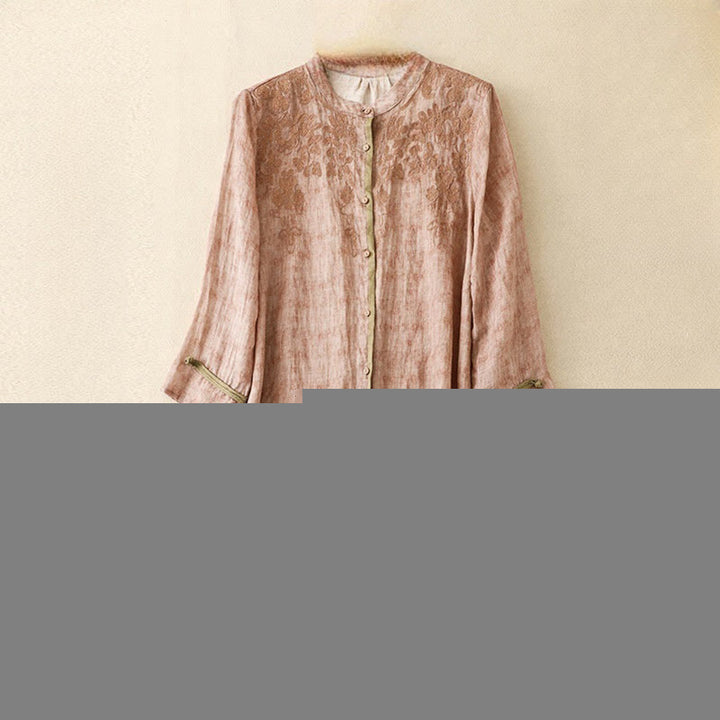 Buddha Stones Summer Casual Embroidered Stand Collar Design Three Quarter Sleeve Acrylic Midi Dress - Pink - US8-10，UK/AU12-14，EU40-42 (2XL) - image 18