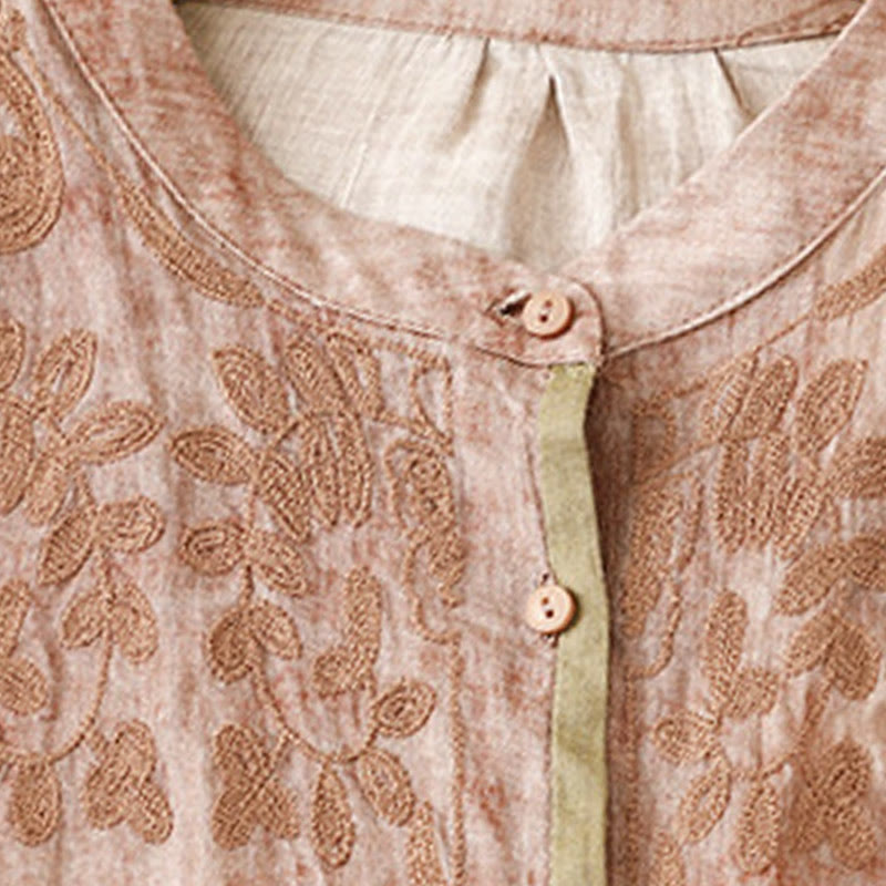 Buddha Stones Summer Casual Embroidered Stand Collar Design Three Quarter Sleeve Midi Dress - image 20