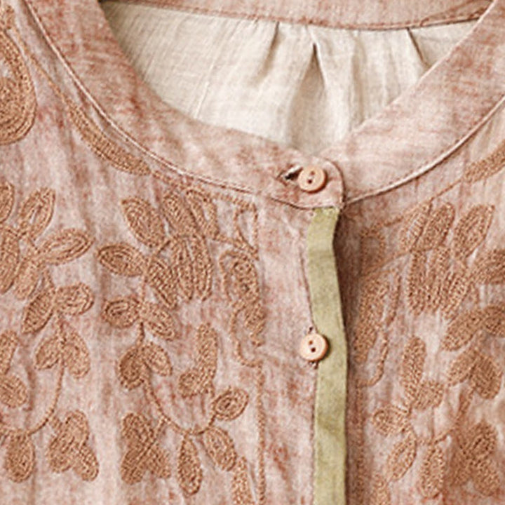 Buddha Stones Summer Casual Embroidered Stand Collar Design Three Quarter Sleeve Acrylic Midi Dress - image 20