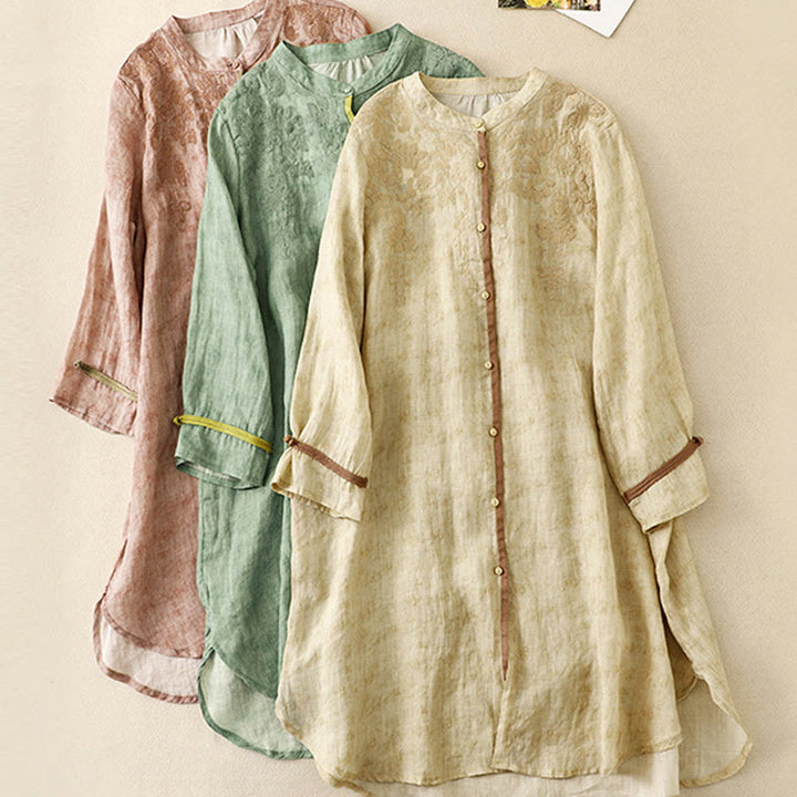 Buddha Stones Summer Casual Embroidered Stand Collar Design Three Quarter Sleeve Midi Dress - image 23