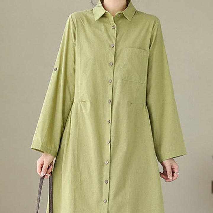 Buddha Stones Summer Casual Plain Buttons Stand Collar Design Three Quarter Sleeve Acrylic Cardigan Midi Dress With Pockets - image 4