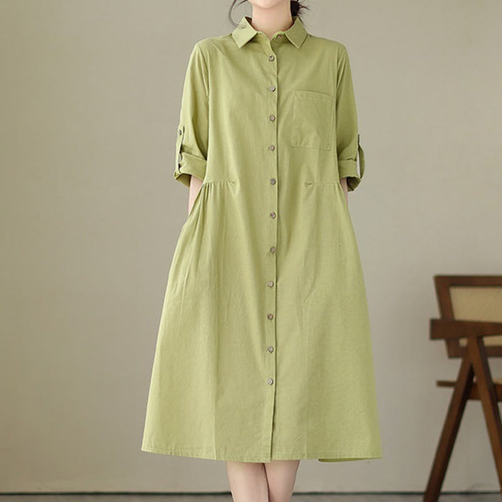 Buddha Stones Summer Casual Plain Buttons Stand Collar Design Three Quarter Sleeve Acrylic Cardigan Midi Dress With Pockets - image 3