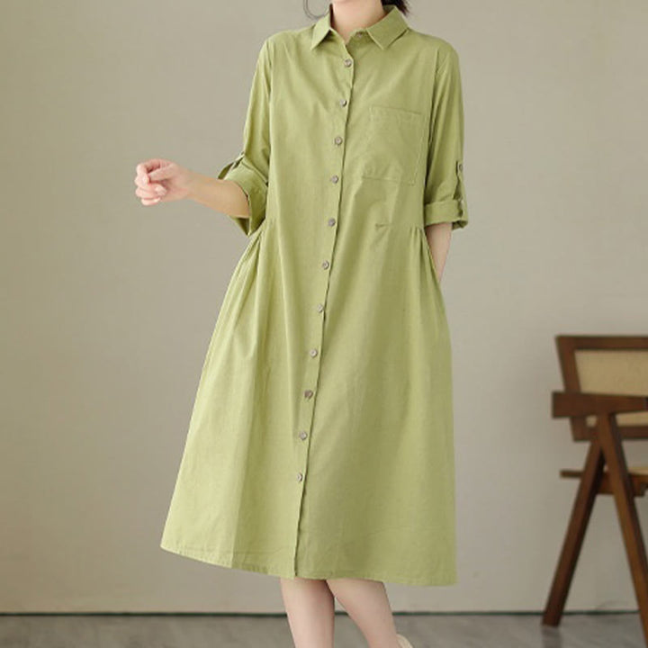 Buddha Stones Summer Casual Plain Buttons Stand Collar Design Three Quarter Sleeve Acrylic Cardigan Midi Dress With Pockets - image 1